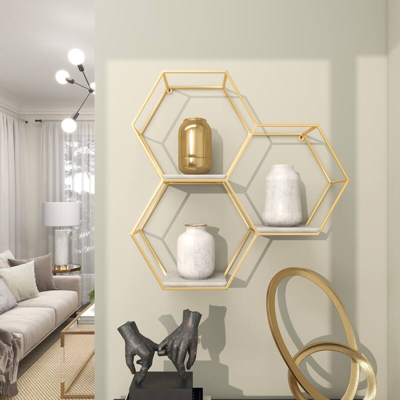 Geometric Metal Hexagon Wall Shelf with 3 Marble Shelves - Gold or Silver - 24 x 6 x 24