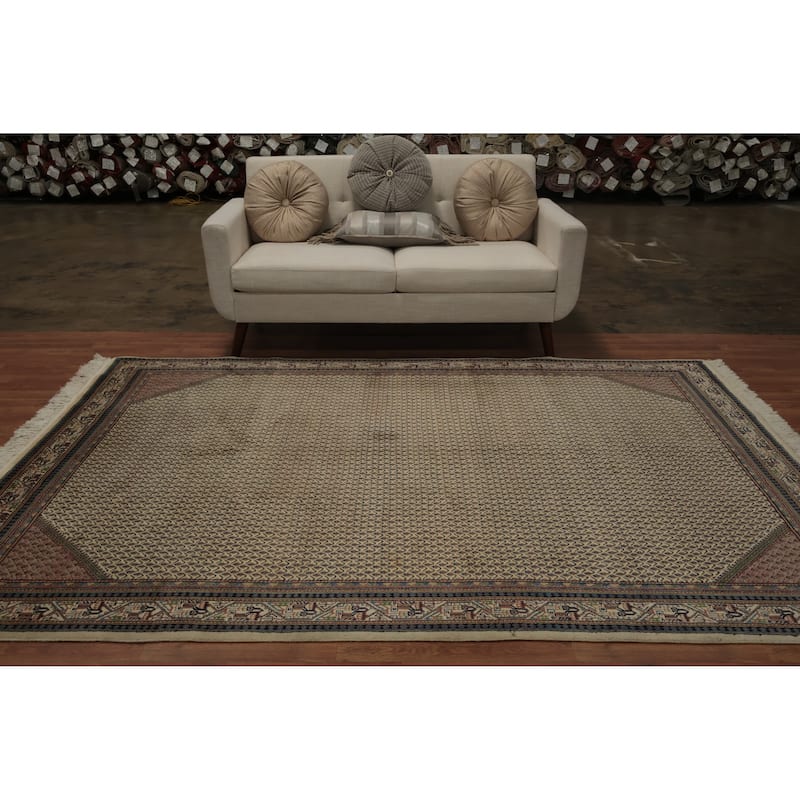 Hand Knotted Oriental 100% Wool Carpet Traditional Geometric Beige & Ivories Botemir Area Rug - 8' 11'' X 6' 2''