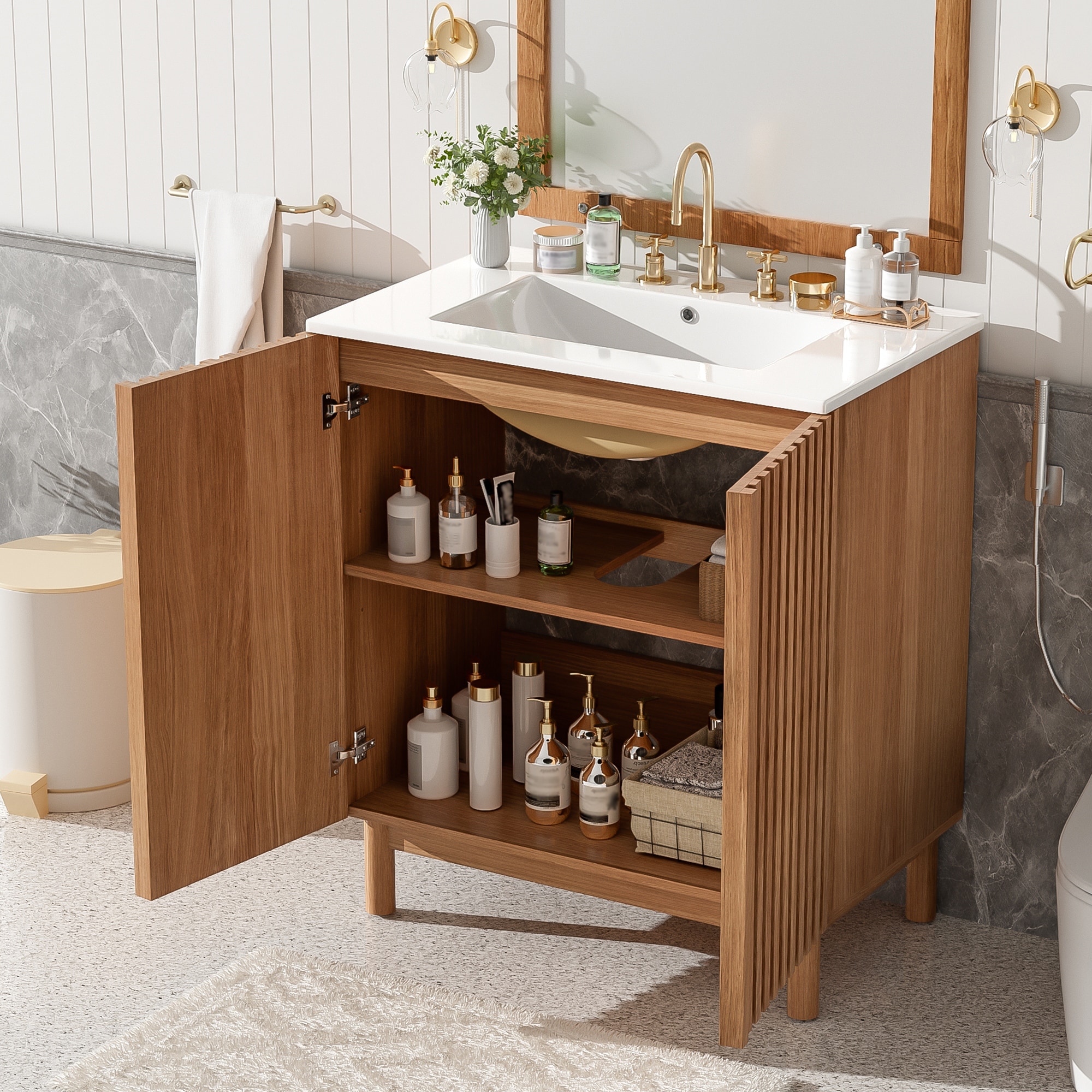29.9" Traditional Bathroom Vanity with Ceramic Sink - Solid Wood Legs, MDF Cabinet with U-Shelf & Soft-Close Door