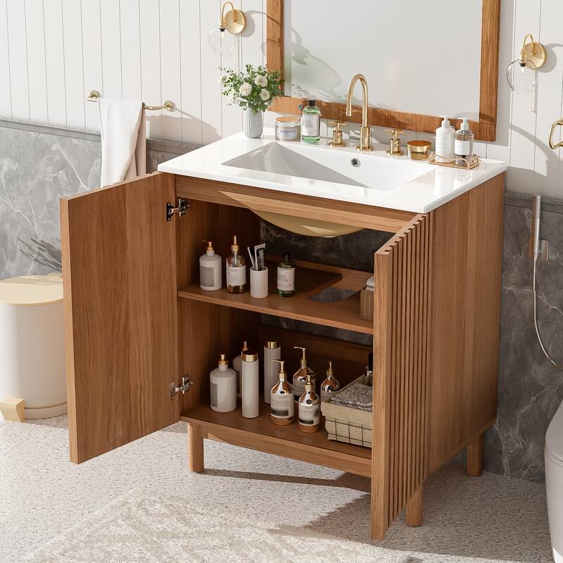 29.9 Inch Single Sink Bathroom Vanity / 59.8 Inch Double Sink Bathroom Vanity, Bathroom Storage Cabinet with Ceramic Sink