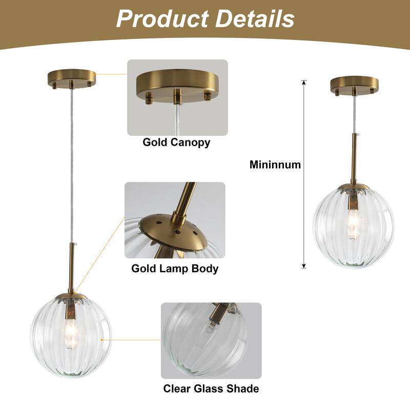 1-Light Brushed Gold Pendant Lighting with Clear Ribbed Glass Shade