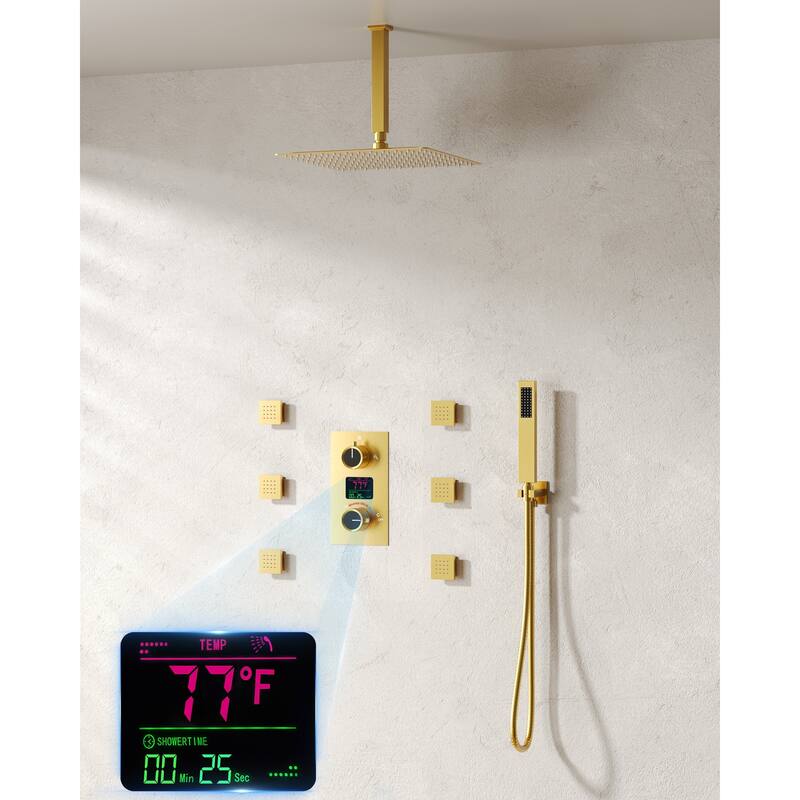 LCD Temperature Display 12" High-Pressure Shower System With Pressure Balancing Diverter Valve - 12-Inch