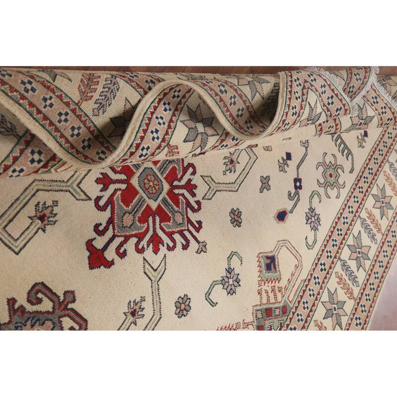 Hand Knotted Oriental 100% Wool Carpet Traditional Geometric Beige & Ivories Kazak Area Rug - 9' 7'' X 6' 7''