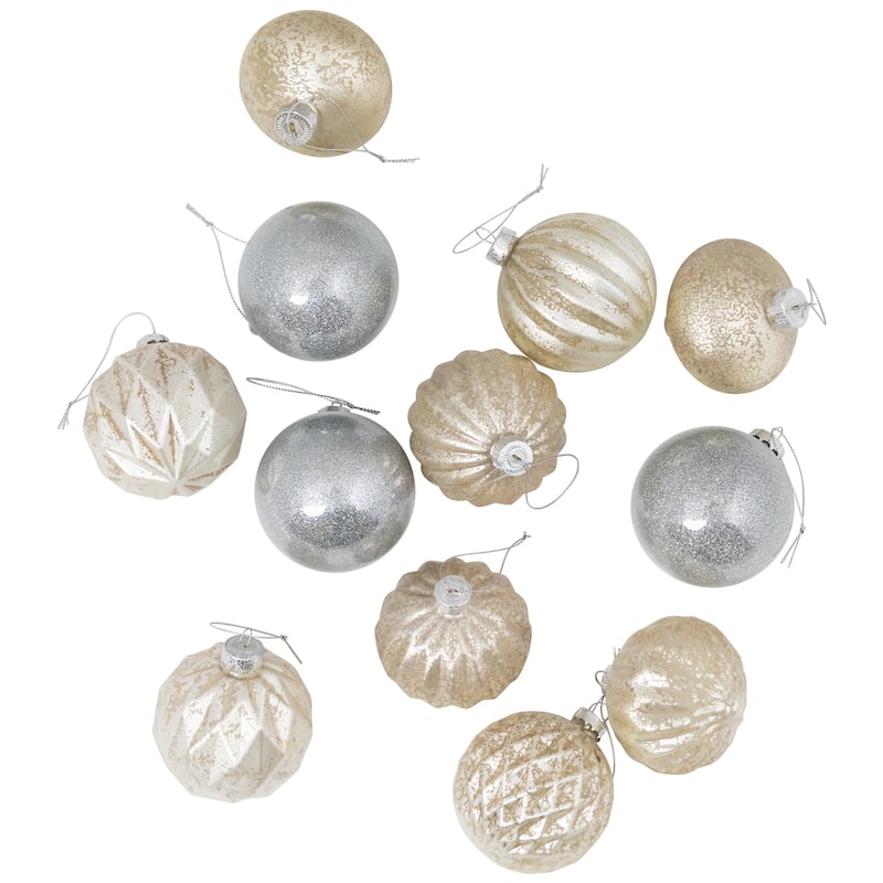 12ct Champagne Silver Mercury Glass Style Glass Ornament Set 3"