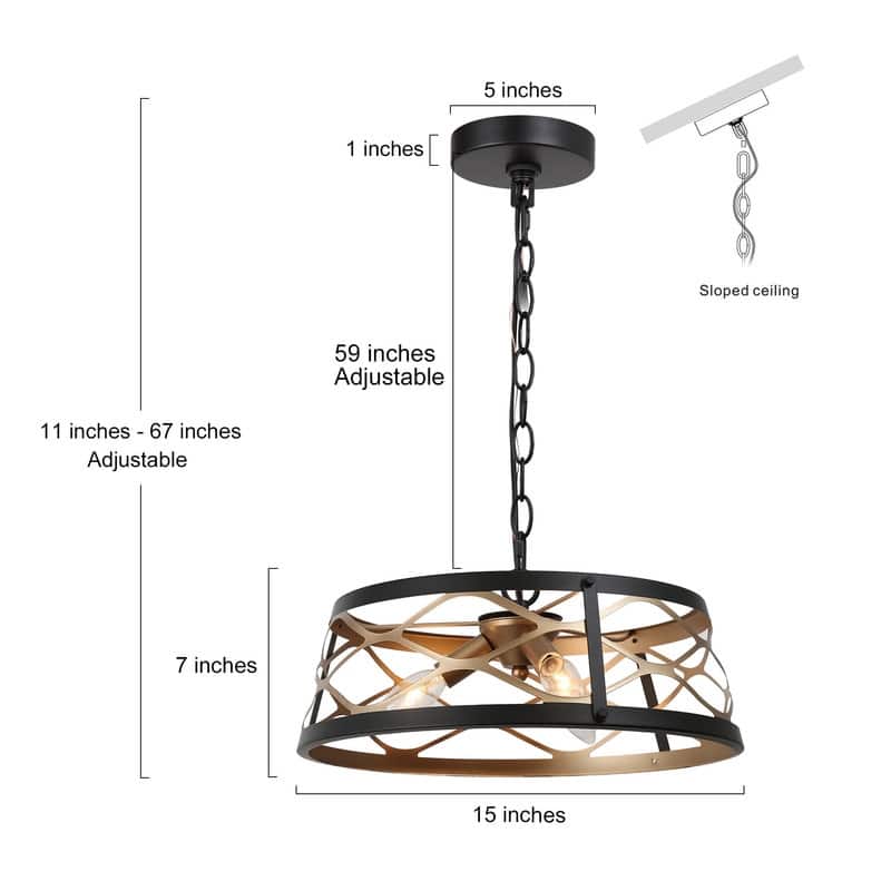 Modern Farmhouse Drum Geometric Chandelier Black Gold Semi-Flush Mount Foyer Ceiling Light - D15.5"x H7"