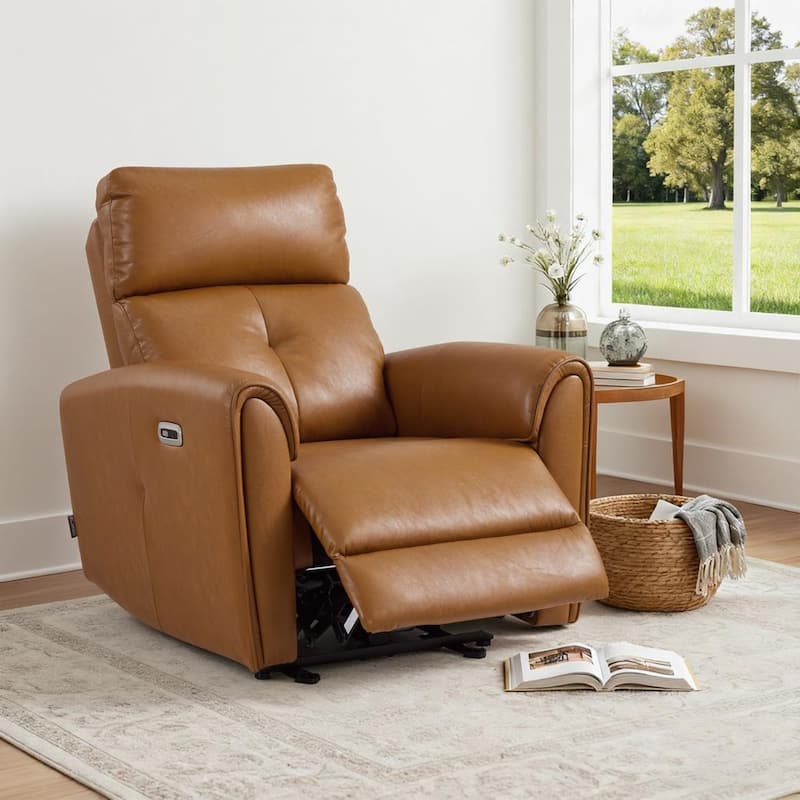 MCombo Power Small Recliners, Modern Zero Wall Hugger Recliners Chair with Lumbar Support, USB and Charging Ports, FSC Certified - Cognac Brown