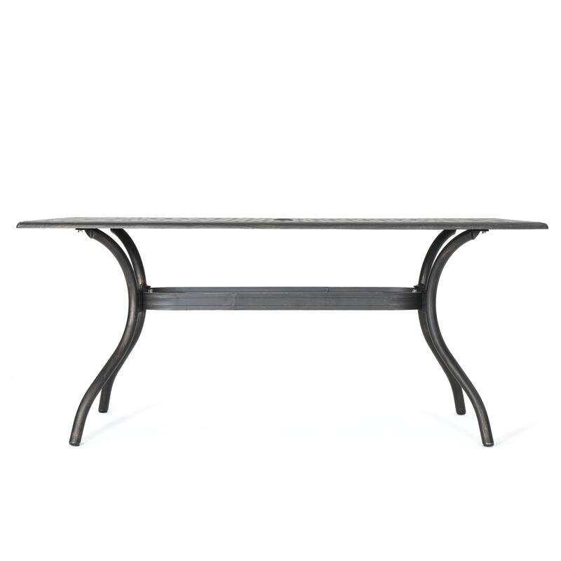 Roomfitters Rectangular Outdoor Dining Table with Lattice Top, Curved Legs and Shelf, Cast Aluminum, Bronze