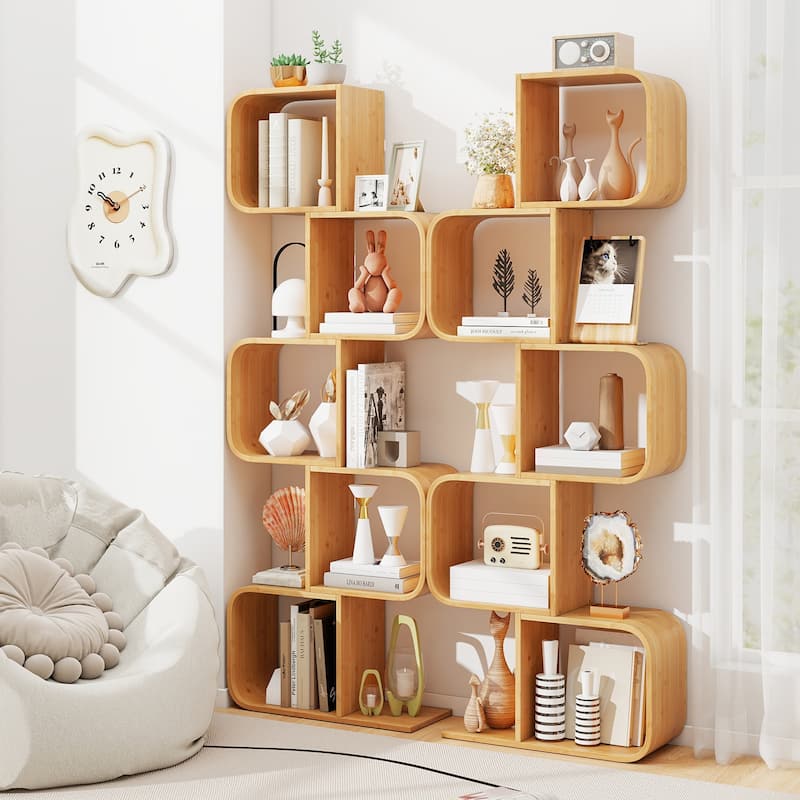 Gymax 2PCS 5-Tier S-Shaped Bookcase w/ 5 Open Cubes Geometric Corner