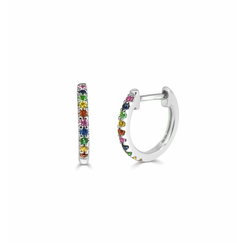 Joelle Collection Multi Sapphire Huggie Earring - 14K Gold Earrings U-Shaped Hoops With Rainbow Sapphires - White