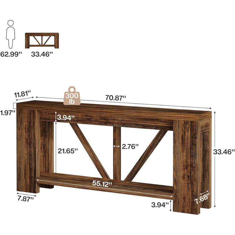 70.9 Inches Brown Engineered Wood Console Table, 2-Tier Behind Couch Sofa Table for Living Room