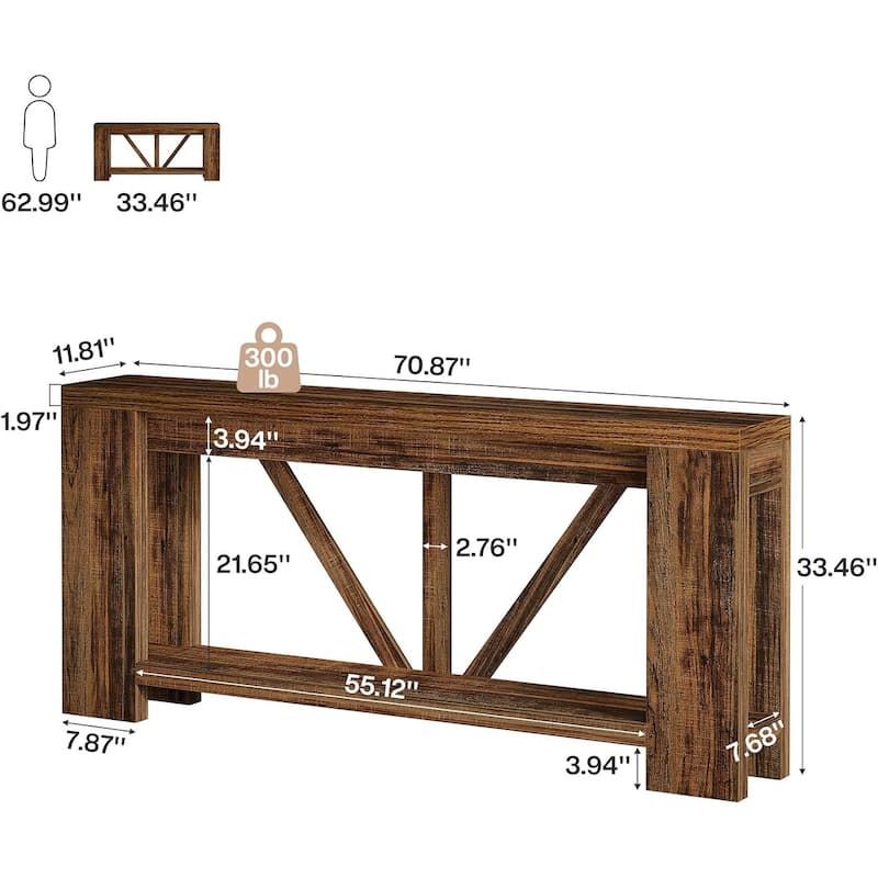 70.9 Inches Long Console Table, 2 Tiers Farmhouse Sofa Table for Entryway, Hallway