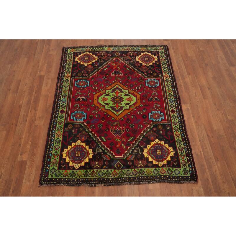 Hand Knotted Oriental 100% Wool Carpet Traditional Medallion Red Shiraz Area Rug - 5' 7'' X 4' 2''