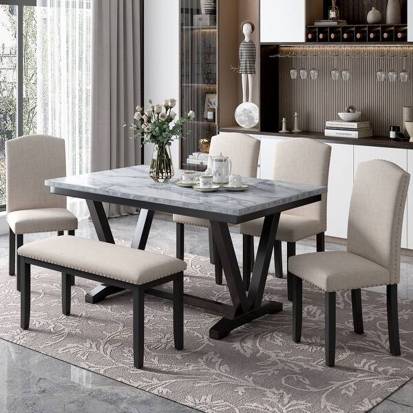 Modern Style 6piece Dining Table with 4 Chairs & 1 Bench, Table with