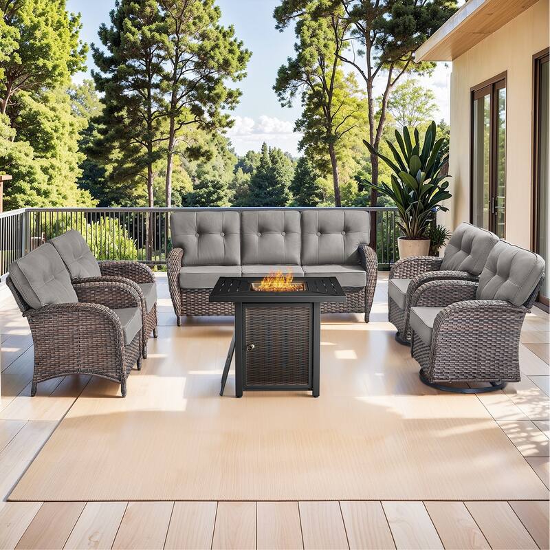 Pocassy Outdoor 30 In Fire Table with Sofa Patio Swivel Chair Set - Brown Wicker Gray Cushion - 6-Piece Sofa Patio Swivel Chair with Fire Table