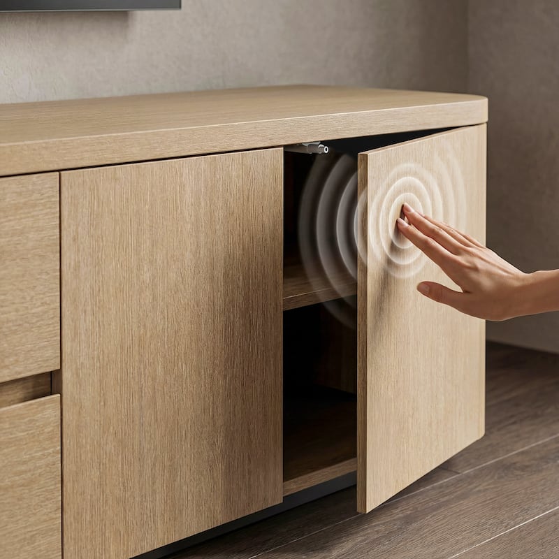 Modern Oak Wood TV Stand with 2 Drawers and Cabinets, 86.6" Long Media Console with Push-to-Open Doors, Anti-Tip Safety Design