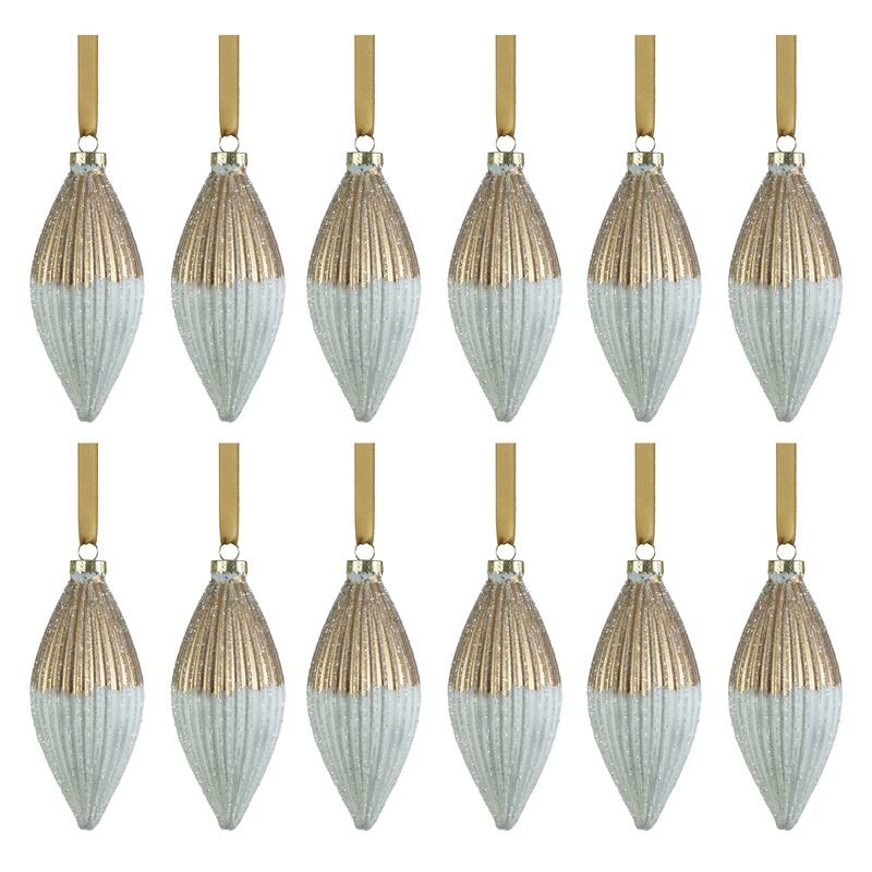 Matt Teardrop Two-Toned Ribbed Glass Ornaments, Set of 12