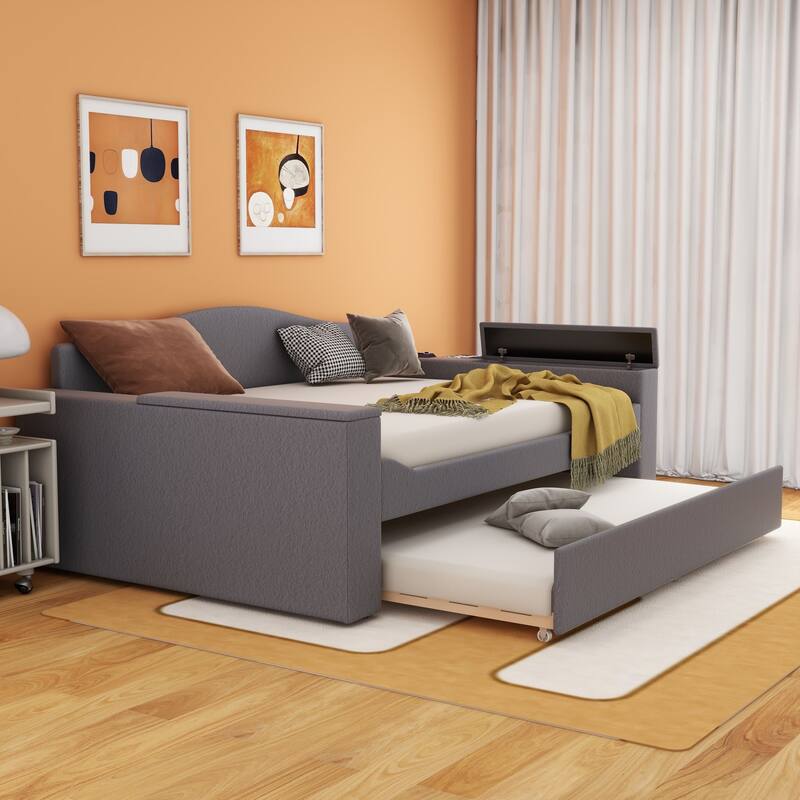 Sofa bed with storage arms, trundle bed and Bluetooth stereo