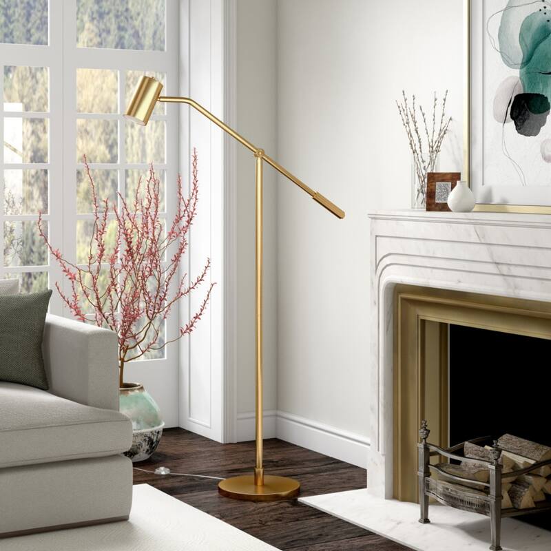 60" Modern Brass Metal Floor Standing Lamp with Swing Arm and Drum Shade for Living Room or Bedroom - 60" H x 12" W x 12" D