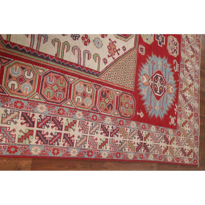 Hand Knotted Oriental 100% Wool Carpet Traditional Geometric Red Kazak Area Rug - 9' 7'' X 6' 4''