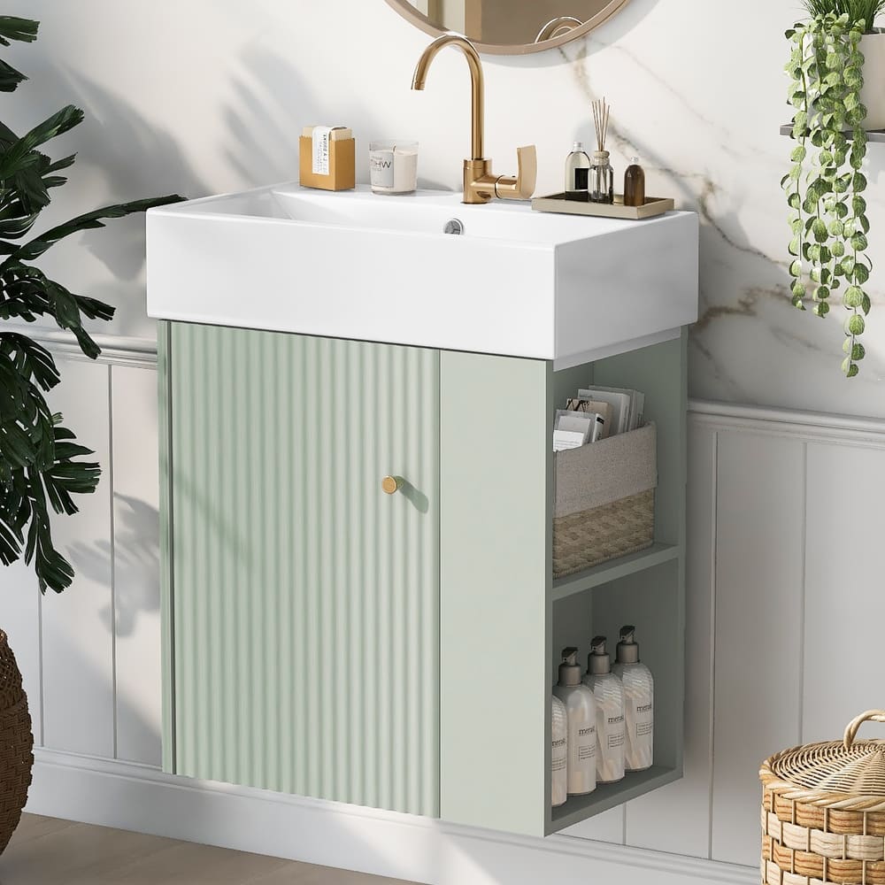 Wall-Mounted Bathroom Vanity Small Space Floating Cabinet with Sink, Wave-Patterned Door, Metal Handle and Right Side Storage