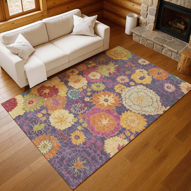 Machine Washable Indoor/ Outdoor Modern Floral Chantille Rug