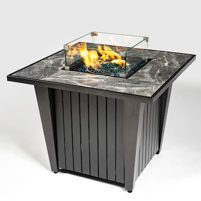 GDFStudio - Callahan 42" Steel Outdoor Fire Pit Table with Marble Tile Top, Glass Wind Guard & 50,000 BTU Flame
