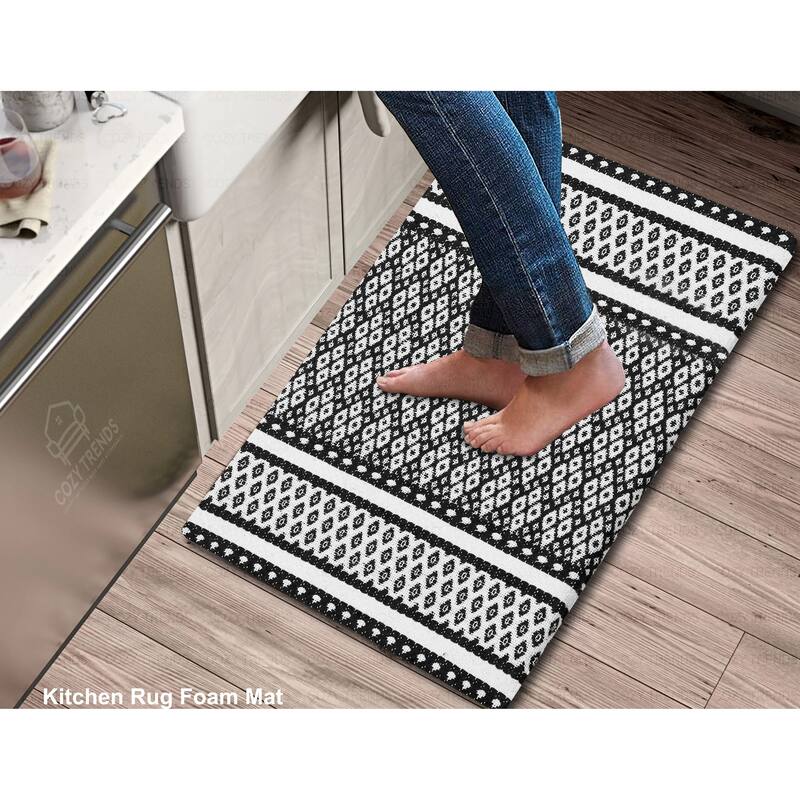 Woven Cotton Anti Fatigue Cushioned Kitchen | Doormat | Bathroom 18" x 30" Mats With Foam Backing Anti Slip - 18''x30'' -  Doormat | Bathroom  18" x 30"  Mats With Foam Backing Anti Slip - 18''x30''|Black White