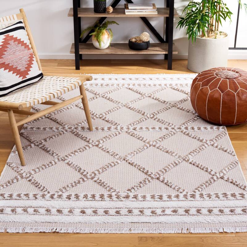 SAFAVIEH Augustine Saori Rustic Trellis Fringe Rug - 9' x 12' - Ivory/Beige