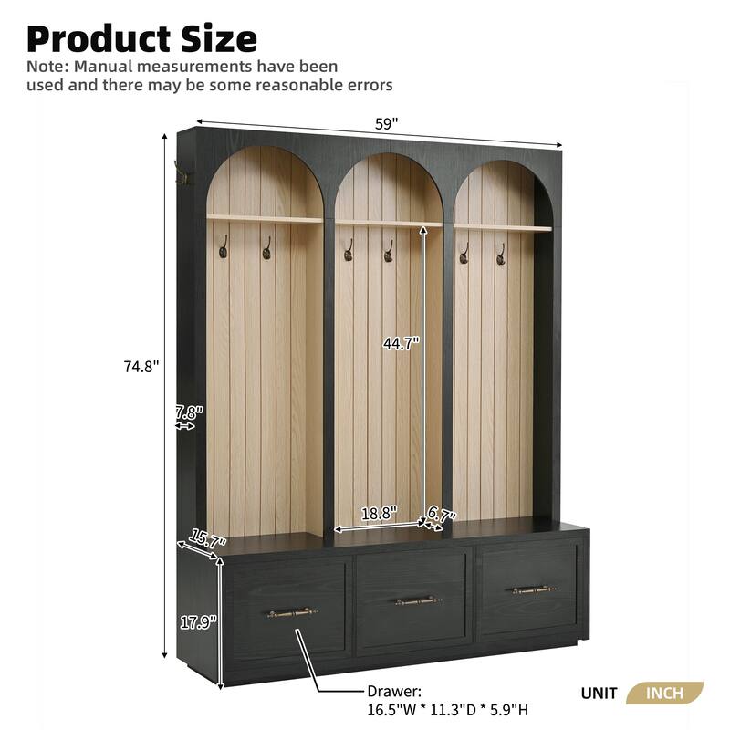 Farmhouse Hall Tree Bench with Arched Design, 8 Hooks & 3 Storage Drawers, 59" Wide Entryway Coat Rack