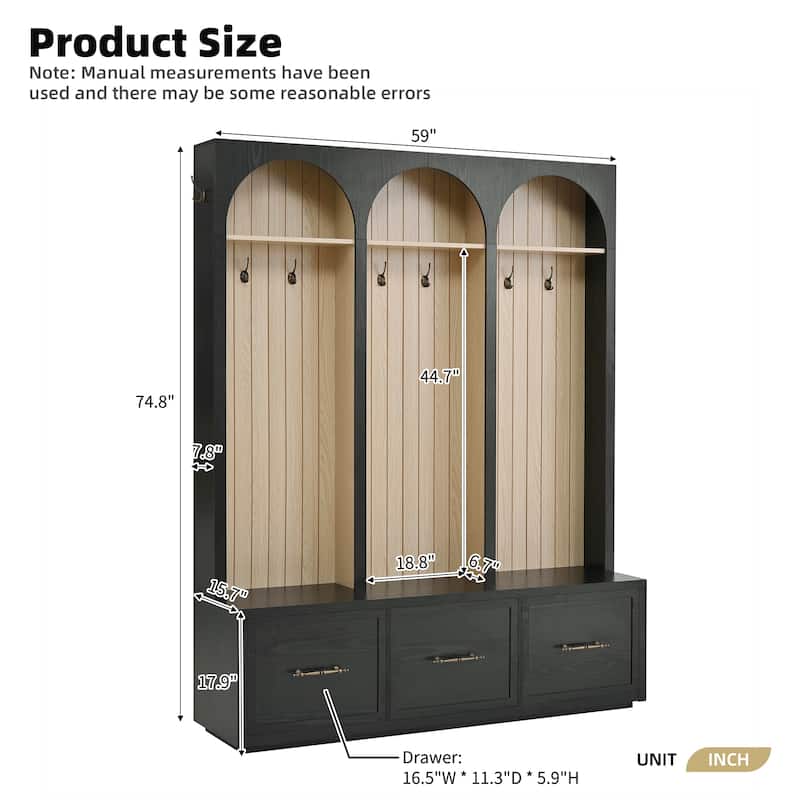 Hall Tree With Arched Design,Entryway Bench With 8 Retro Hooks,Rustic Coat Rack & Shoe Organizer With 3 Drawers