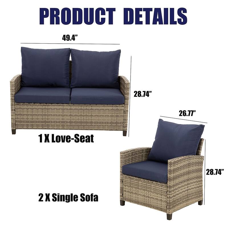 4-Piece Outdoor Wicker Patio Seating Sofa, 1 Love-seat and 2 Single Sofa