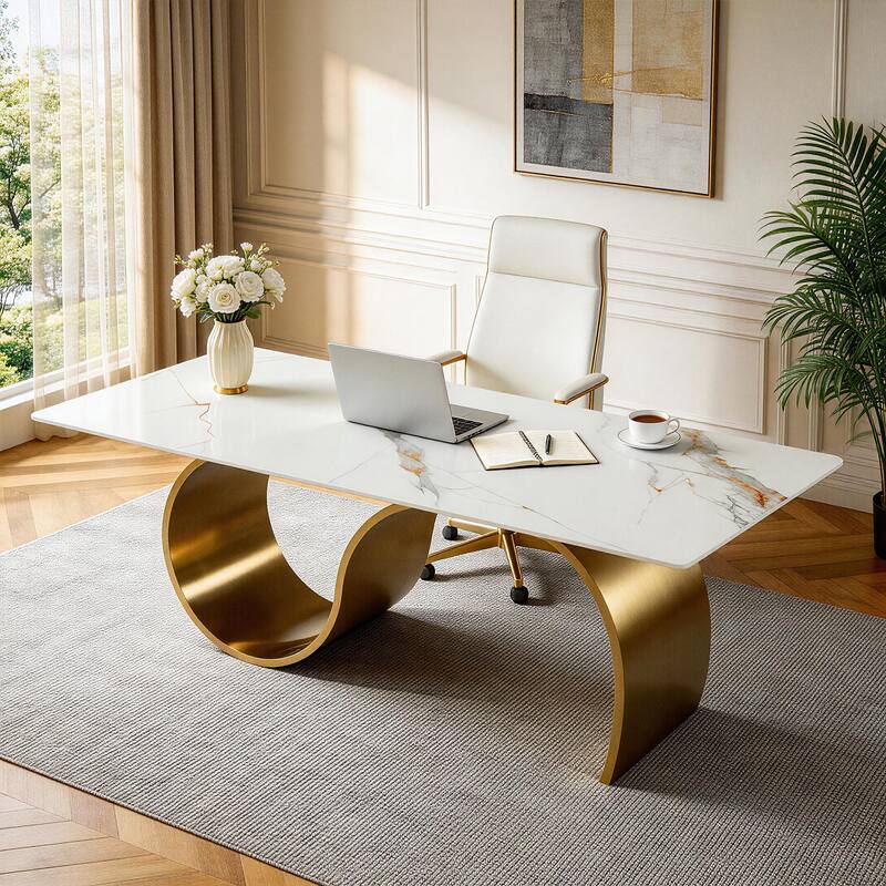 Luxury 78.7" Sintered Stone Office Executive Desk with Stainless Steel Base