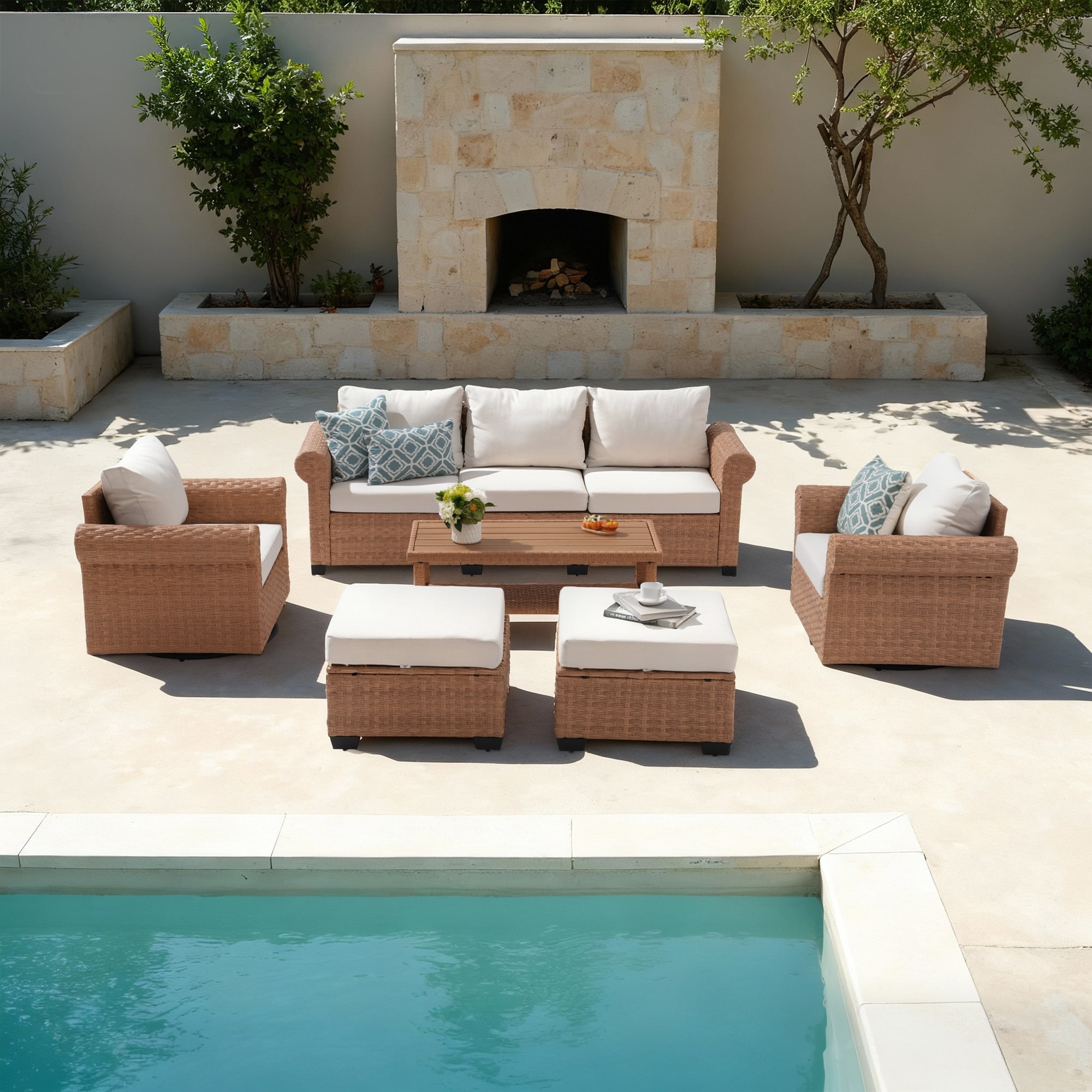 Outdoor 6-Piece Pe Rattan Garden Patio Sofa Set with Swivel Chair