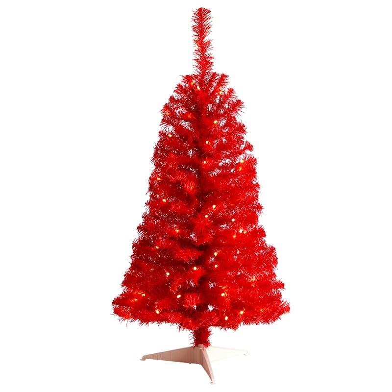 3ft. Red Artificial Christmas Tree with 50 LED Lights & 118 Branches - Bold Festive Holiday X-Mas Accent