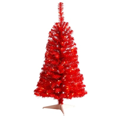 3ft. Red Artificial Christmas Tree with 50 LED Lights & 118 Branches - Bold Festive Holiday X-Mas Accent