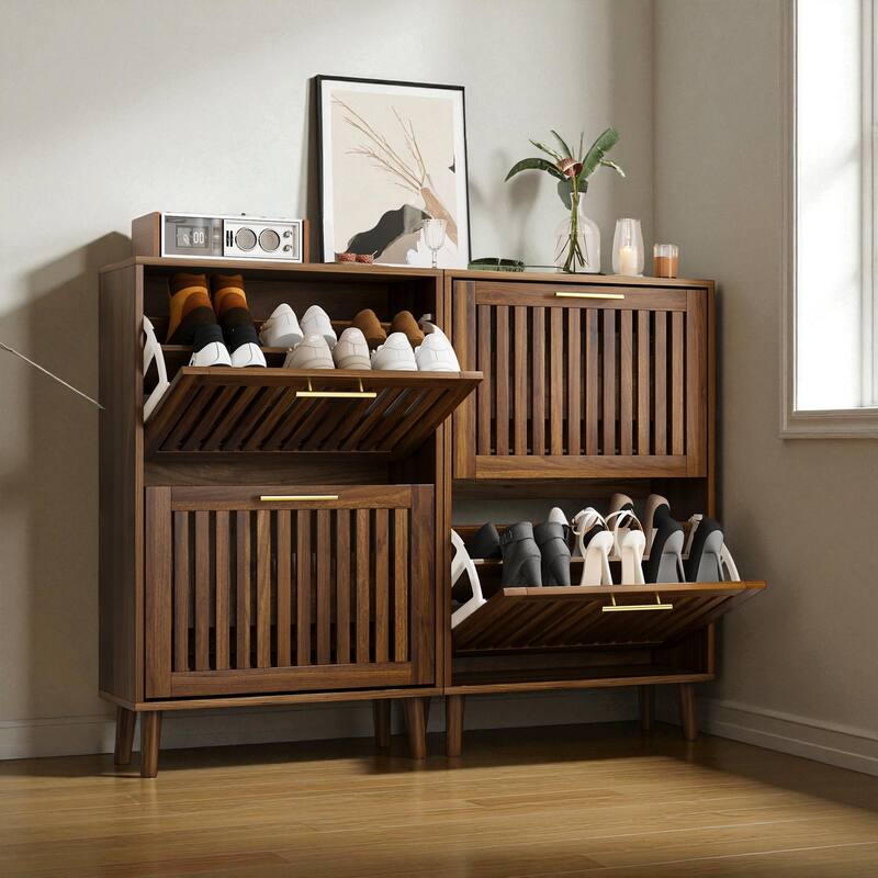 23.6" Walnut Shoe Cabinet with 2 Flip Drawers, Mid-Century Modern Freestanding Shoe Storage Organizer for Entryway