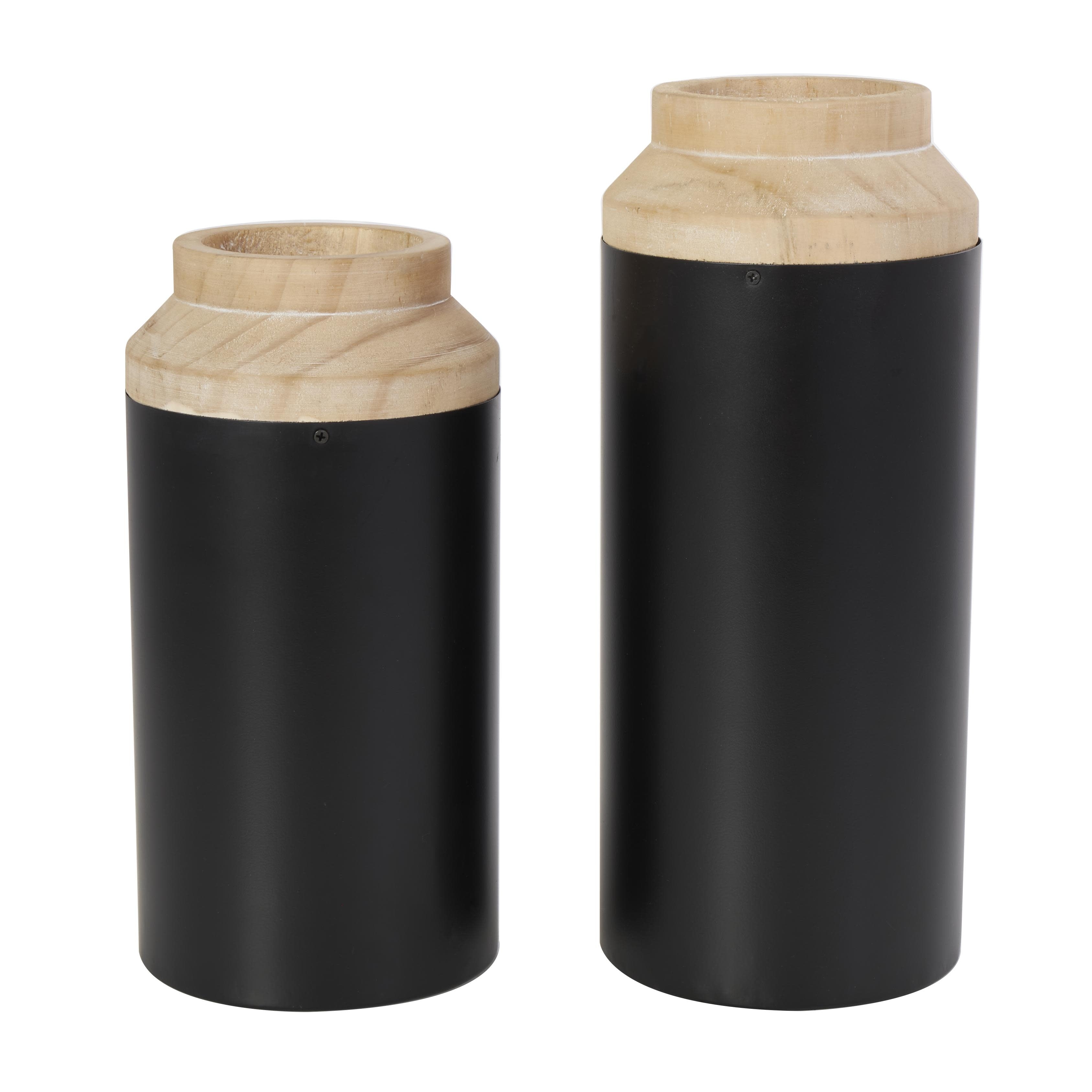 Wood Colorblock Decorative Vase with Light Brown Wood Tops - Set of 2 Black - Roche River Decor