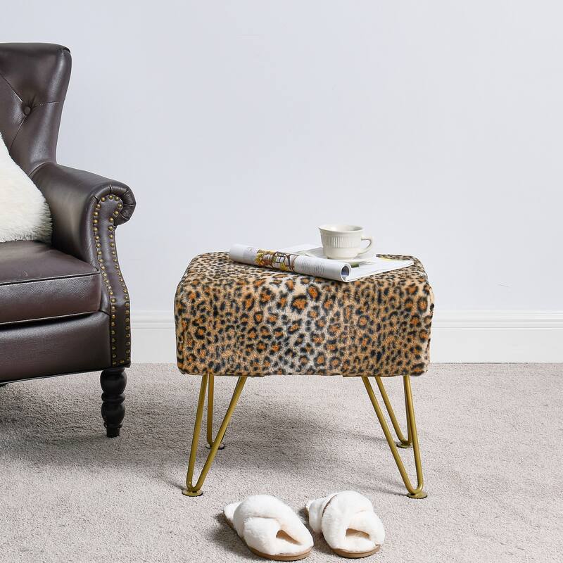 Home Soft Things Leopard Fauxfur Ottoman with Gold Metal Legs