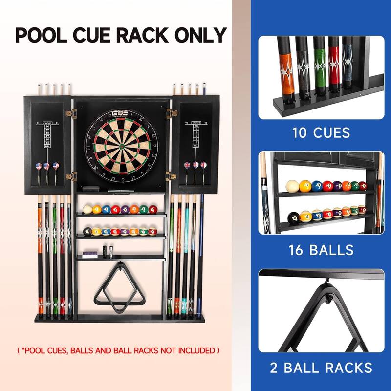 GSE™ 10-Cue Wall Mounting Billiard Cue Rack & Dart Board Cabinet Combination. Hanging Wall Pool Stick Holder & Dartboard Cabinet