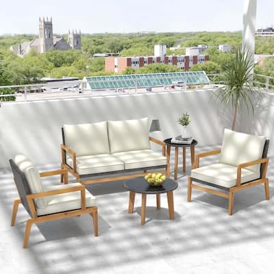 5 PCS Rattan Furniture Set Wicker Woven Sofa Set with Solid Wood Frame