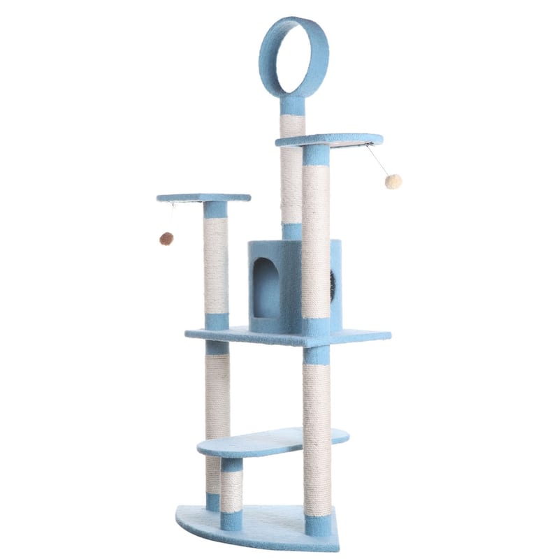 Classic Real Wood Cat Tree In Sky Blue,Five Levels With Perch, Condo
