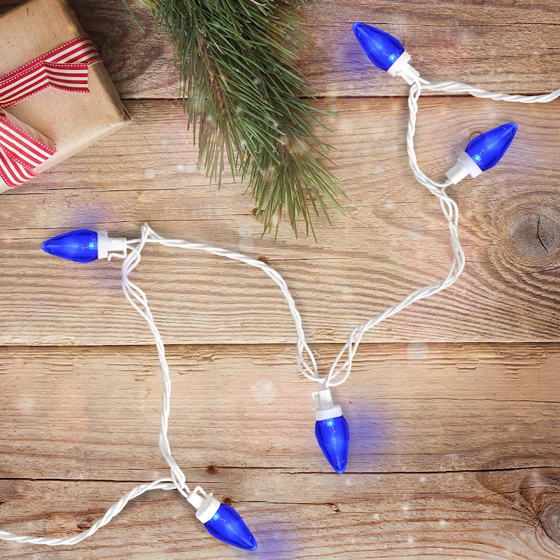 25 Count Blue LED C7 Christmas Lights 16 ft White Wire - 16'