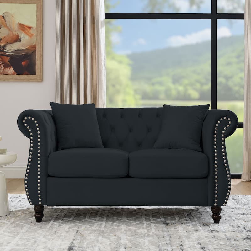 Anmytek Velvet Chesterfield 2-Seater Sofa - Tufted with Rolled Arms Nailhead and 2 Pillows - Black