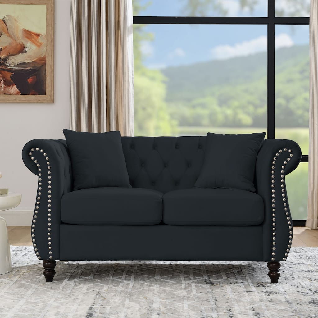 Chesterfield Black Velvet Sofa - 2-Seater Tufted Couch with Rolled Arms and Nailhead Trim, Includes Two Pillows for Living Room