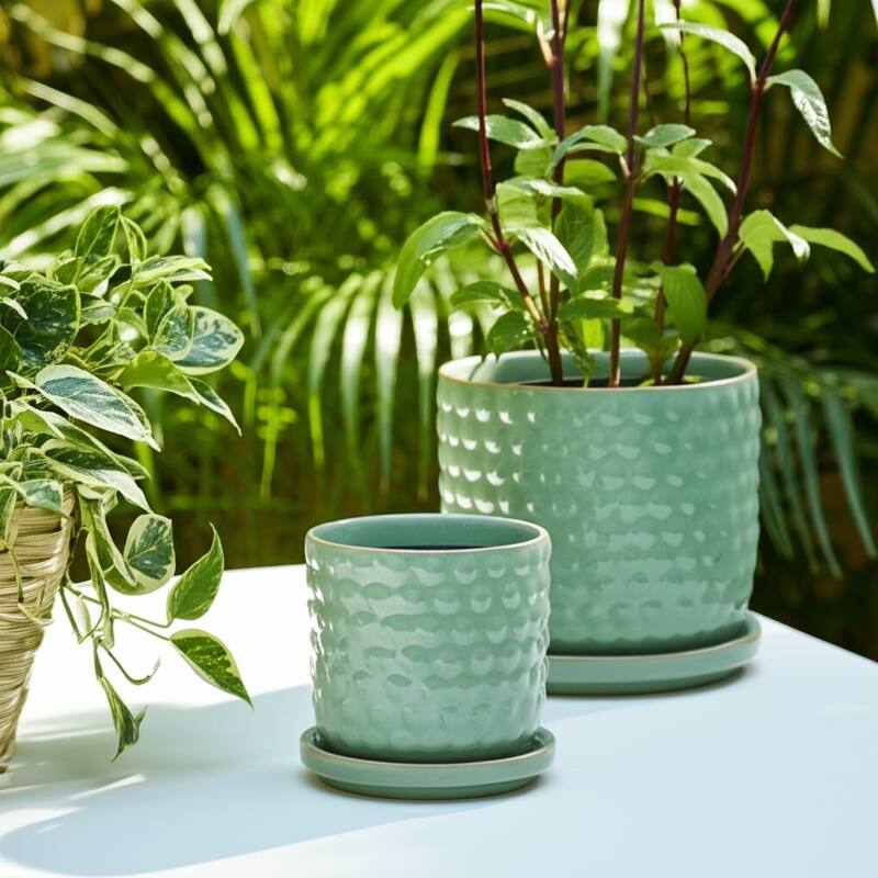 Ceramic Planters with Textured Bubble Surface and Saucers (Set of 2) - 8" x 8" x 7"