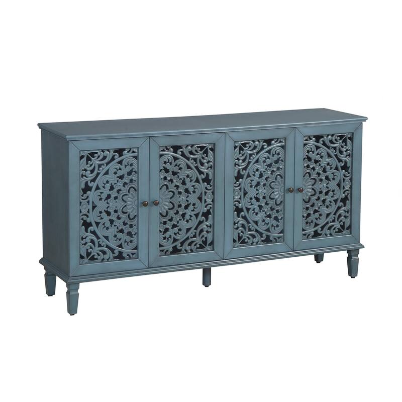 Buffet Cabinet with Floral Carvings with Solid Wood Legs&Antique Brass Handles&Adjustable Shelves,