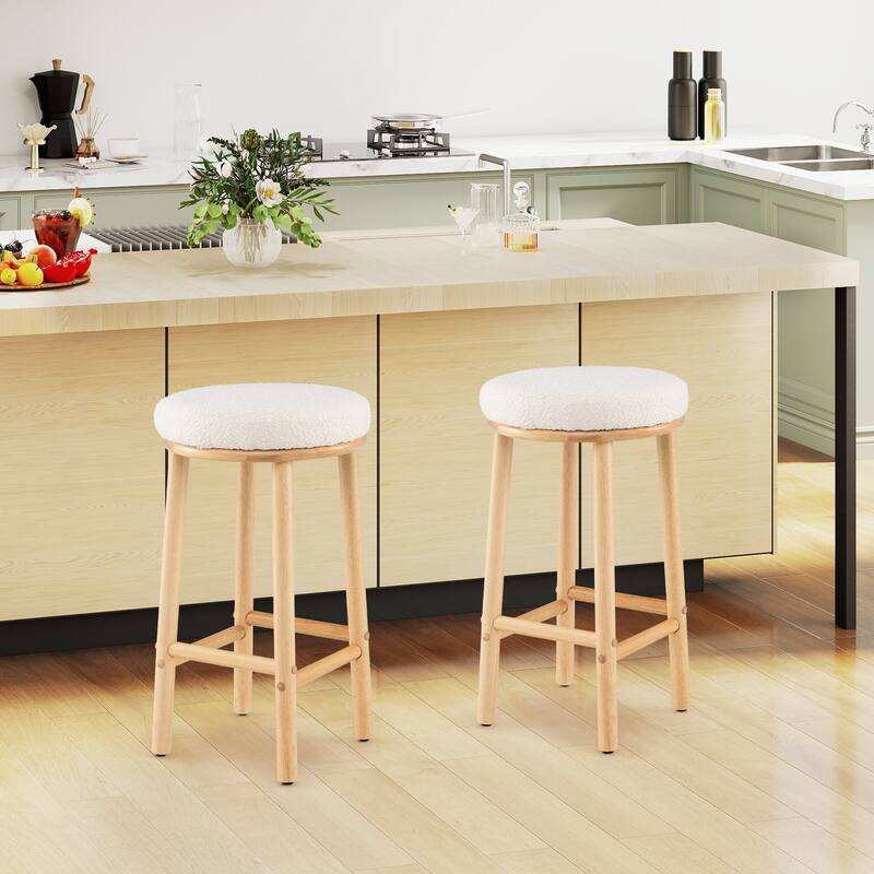 White Boucle Fabric Counter Height Bar Stools with Rubber Wood Frame Rustic Farmhouse 27 Inch Bar Chairs - 16" x 16" x 27"
