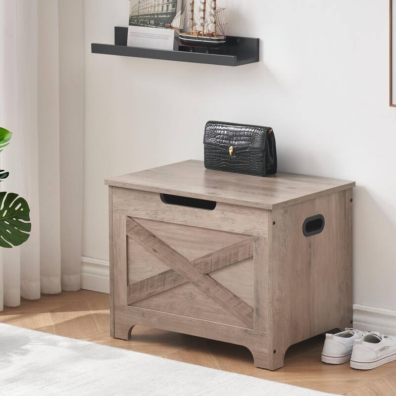 Farmhouse Grey Entryway Shoes Bench Lift-Top Wooden Storage Trunk - 15.7"D x 23.6"W x 18.1"H