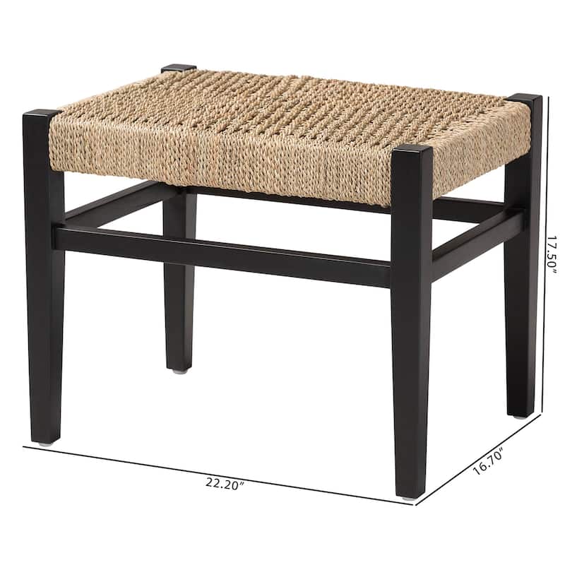 Amber Seagrass Accent Bench - Handwoven Natural Fiber Stool with Black Wood Frame, Compact Coastal Boho Seating