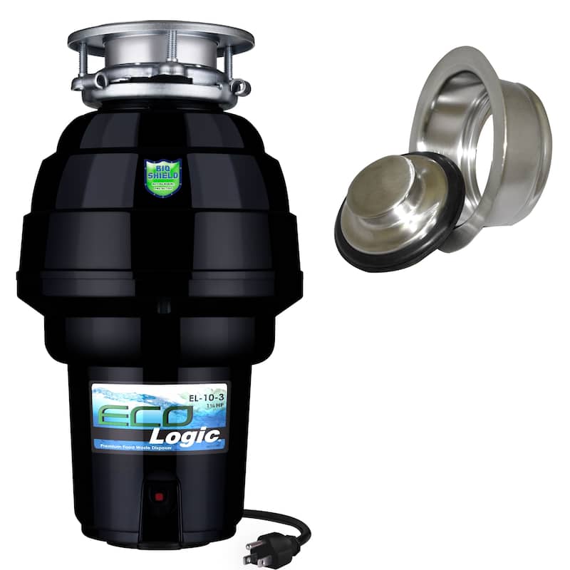 Eco Logic Premium Garbage Disposal with Brushed Nickel Stopper and Flange Kit - Brushed Nickel Sink Flange - 1-1/4 HP - 1-1/4 HP